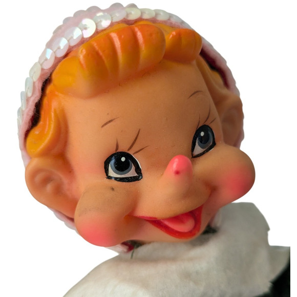 Vintage Musical Windup Pixie Christmas Elf Head Moving Green Pink on Stand Japan - Picture 3 of 11